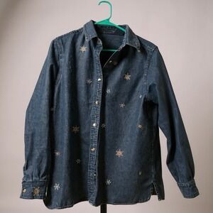 Womens Denim Long‎ Sleeve Shirt Snowflake Embroidery Blue Button Down Casual Top